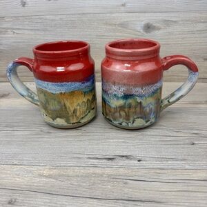 NOS Mason Jar pottery drip glaze Mugs Signed by artist Never used